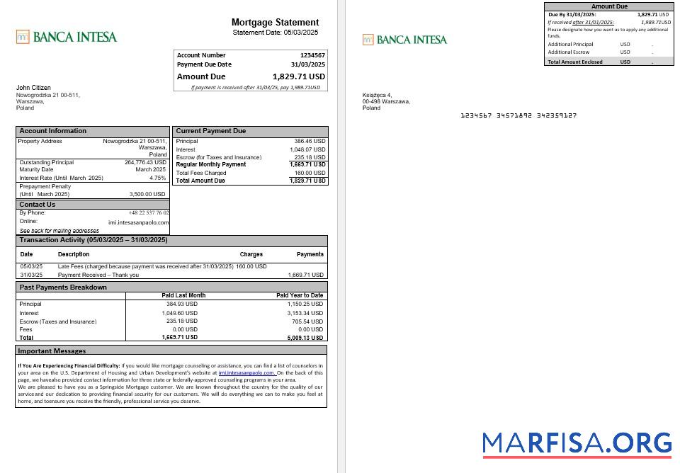 Downloadable Poland Banca Intesa mortgage statement in Word and PDF formats example